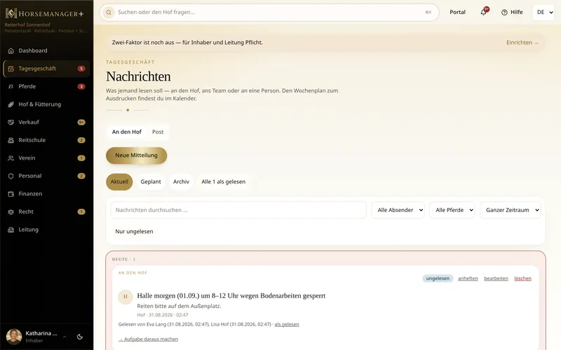 Nachrichten und Aushänge in horsemanager+ für Einsteller