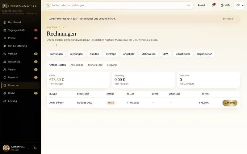 Rechnungsübersicht in horsemanager+ mit offenen und bezahlten Pensionsrechnungen